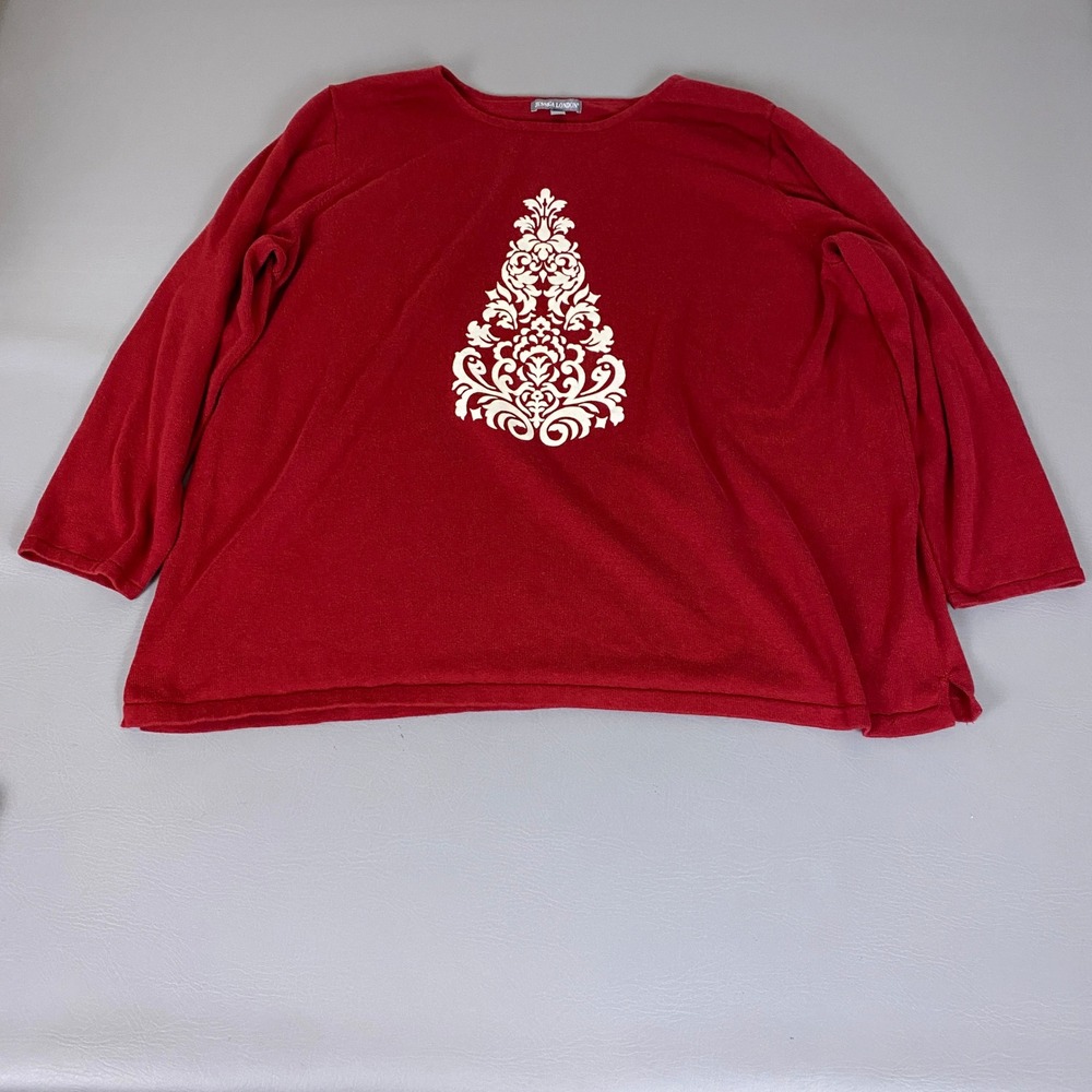 Jessica London Christmas Sweater Plus Size 26/28 Red Damask Tree Holiday Top